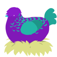 A violet and turquoise chicken with a half-lace pattern