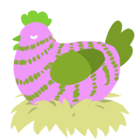 A lavender and chartreuse chicken with a bar pattern