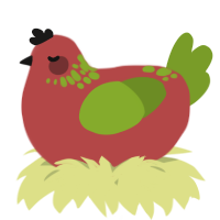 A red and chartreuse chicken with a neck-speckle pattern