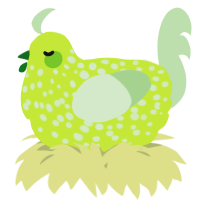 A lime and gluppy chicken with a speckle pattern