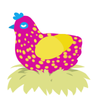 A fuchsia and yellow chicken with a speckle pattern