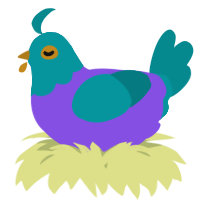 A blurple and teal chicken with a head pattern