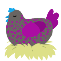 A grey and plum chicken with a speckle pattern