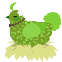 A chartreuse and grass chicken with a speckle pattern