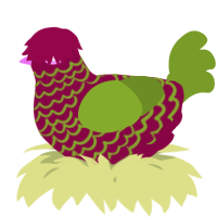 A maroon and chartreuse chicken with a lace pattern