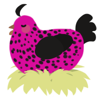 A fuchsia and sable chicken with a speckle pattern