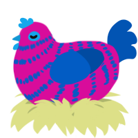 A fuchsia and ultramarine chicken with a bar pattern