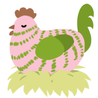 A rose and chartreuse chicken with a bar pattern