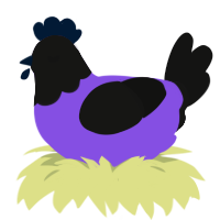 A blurple and black chicken with a head pattern