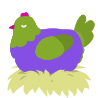 A blurple and chartreuse chicken with a head pattern