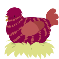 A maroon and red chicken with a bar pattern