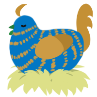 A sapphire and gold chicken with a bar pattern