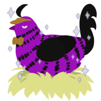 NYL, a amethyst and black chicken with a bar pattern