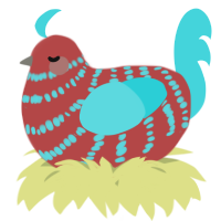 A red and aqua chicken with a bar pattern