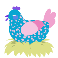 A cerulean and pink chicken with a speckle pattern