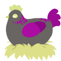A grey and plum chicken with a neck-speckle pattern