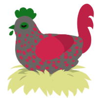 A grey and crimson chicken with a speckle pattern