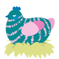 A teal and pink chicken with a bar pattern