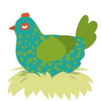 A turquoise and chartreuse chicken with a speckle pattern