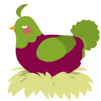 A maroon and chartreuse chicken with a head pattern