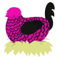 Clem, a fuchsia and black chicken with a lace pattern
