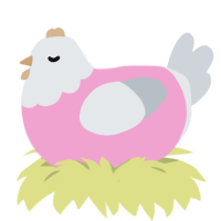 Fluffy Cushion, a pink and mist chicken with a head pattern