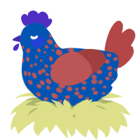 A ultramarine and red chicken with a speckle pattern