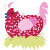 A crimson and pink chicken with a speckle pattern