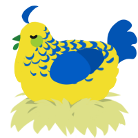 A yellow and ultramarine chicken with a half-lace pattern