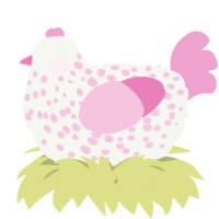A white and pink chicken with a speckle pattern