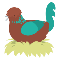 A russet and turquoise chicken with a neck-speckle pattern