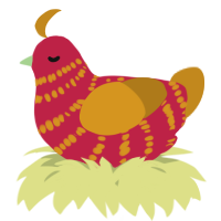 A crimson and ochre chicken with a bar pattern
