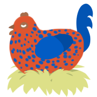 A vermilion and ultramarine chicken with a speckle pattern