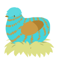 A aqua and gold chicken with a bar pattern