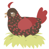 A bark and red chicken with a speckle pattern