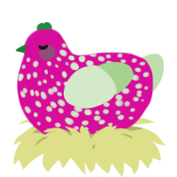 A fuchsia and gluppy chicken with a speckle pattern