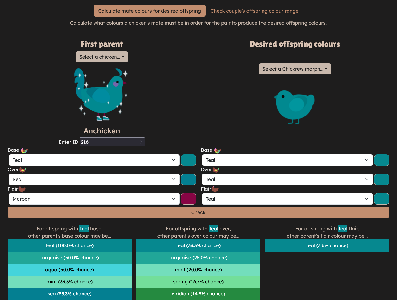 A screencap of the cluckulator interface showing a parent on the left, the desired offspring on the right, and possible colours for the second parent at the bottom.