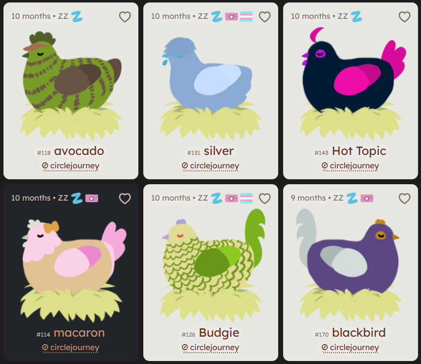 A grid of six chickens, all asleep